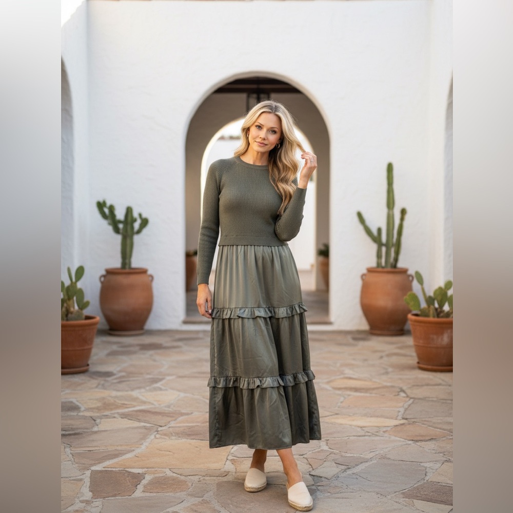 In February Sweater Midi Dress Womens Size S Dusty Olive Ruffle Pockets - Picture 2 of 7